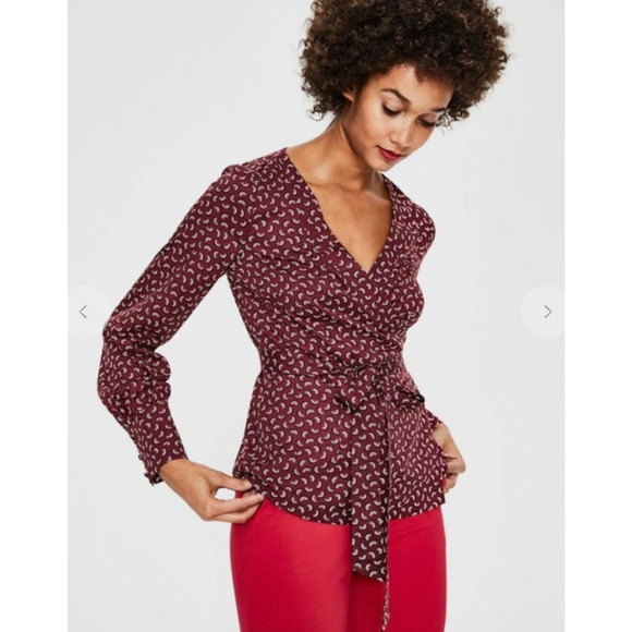 Boden Women's Belle Wrap Tie Waist Maroon Rainbow Long Sleeve Blouse Top - 14R - Picture 1 of 11